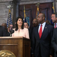 South Carolina Gov. Nikki Haley, flanked by Rep. James Clyburn (D-S.C.) and Sens. Tim Scott and Lindsey Graham (R-S.C.), delivers a statement to the media asking that the Confederate flag be removed from the Statehouse grounds on June 22, 2015, in Columbia, S.C.
Joe Raedle/Getty Images